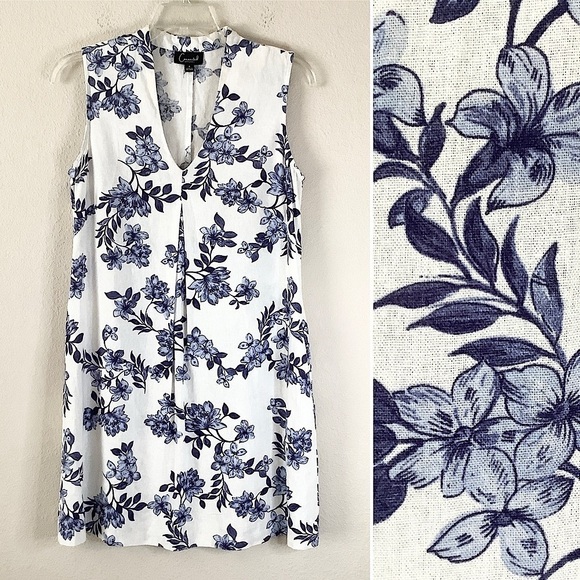 LINEN Sleeveless Shift Dress Midi Toile Floral Coastal Resort Preppy White Sz 8 - Picture 9 of 9